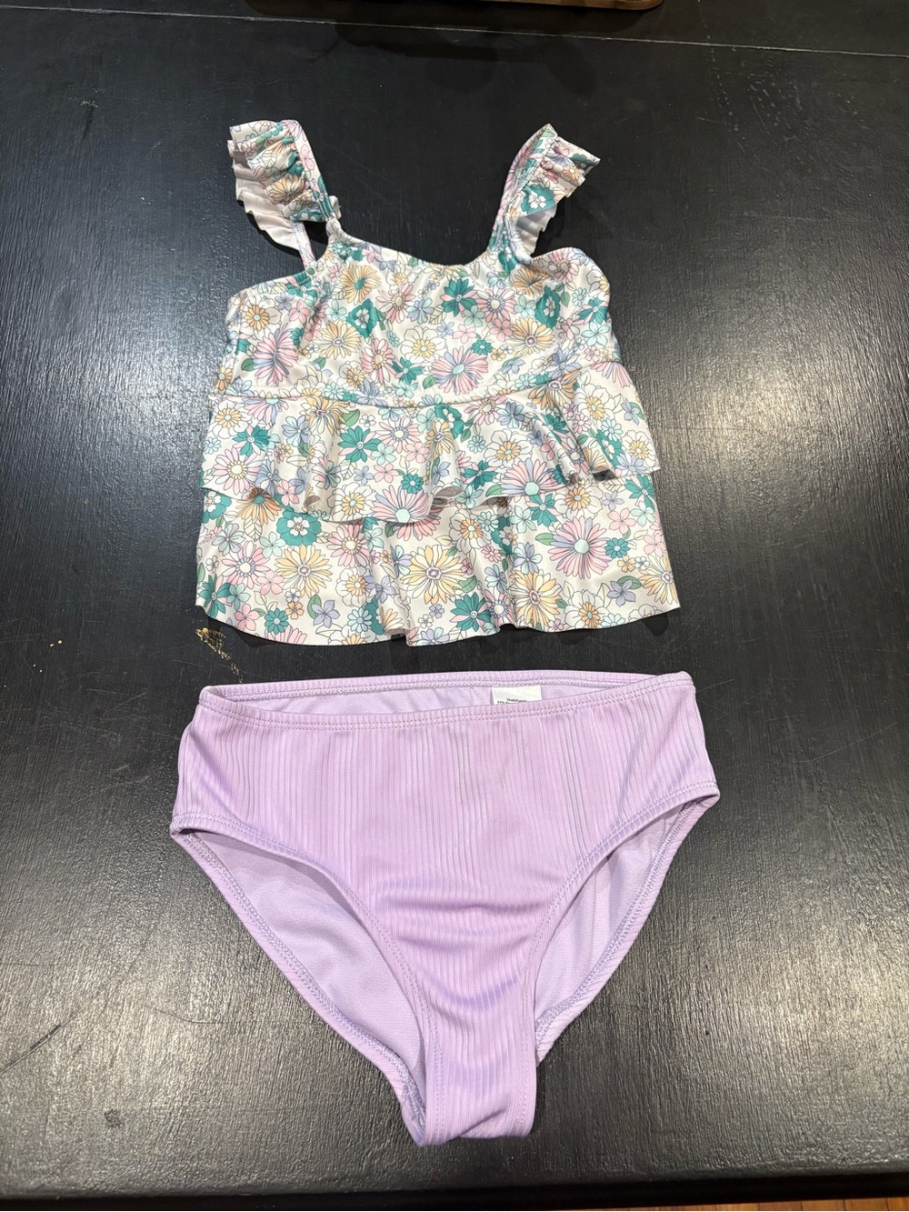 wonder nation Pastel Floral Ruffle Tankini with Lilac Ribbed Bottoms